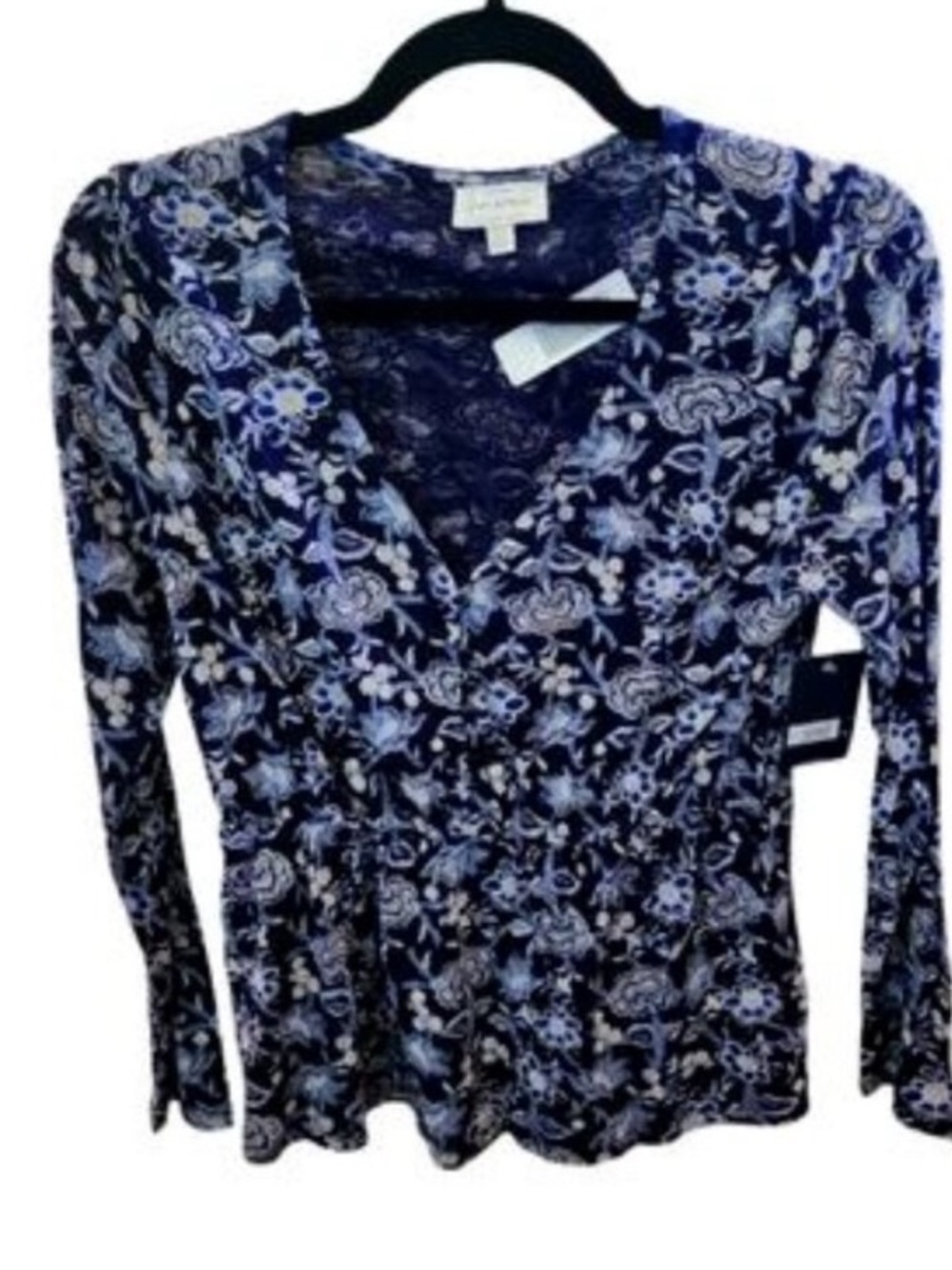 Lucky Brand Navy and White Floral Long Sleeve Wrap Top